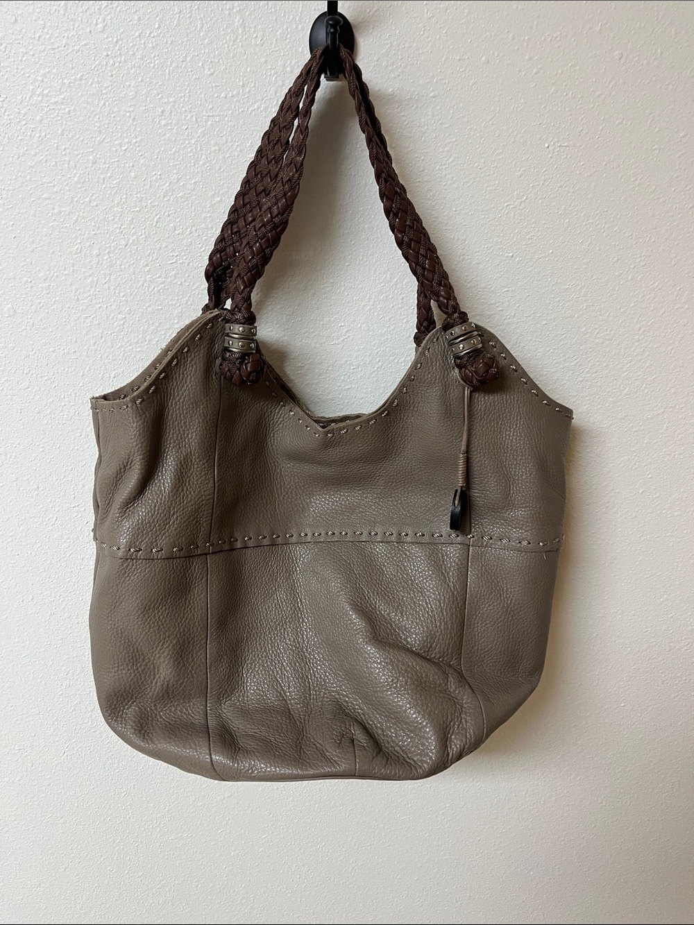 the Sak Taupe Leather Tote with Braided Handles